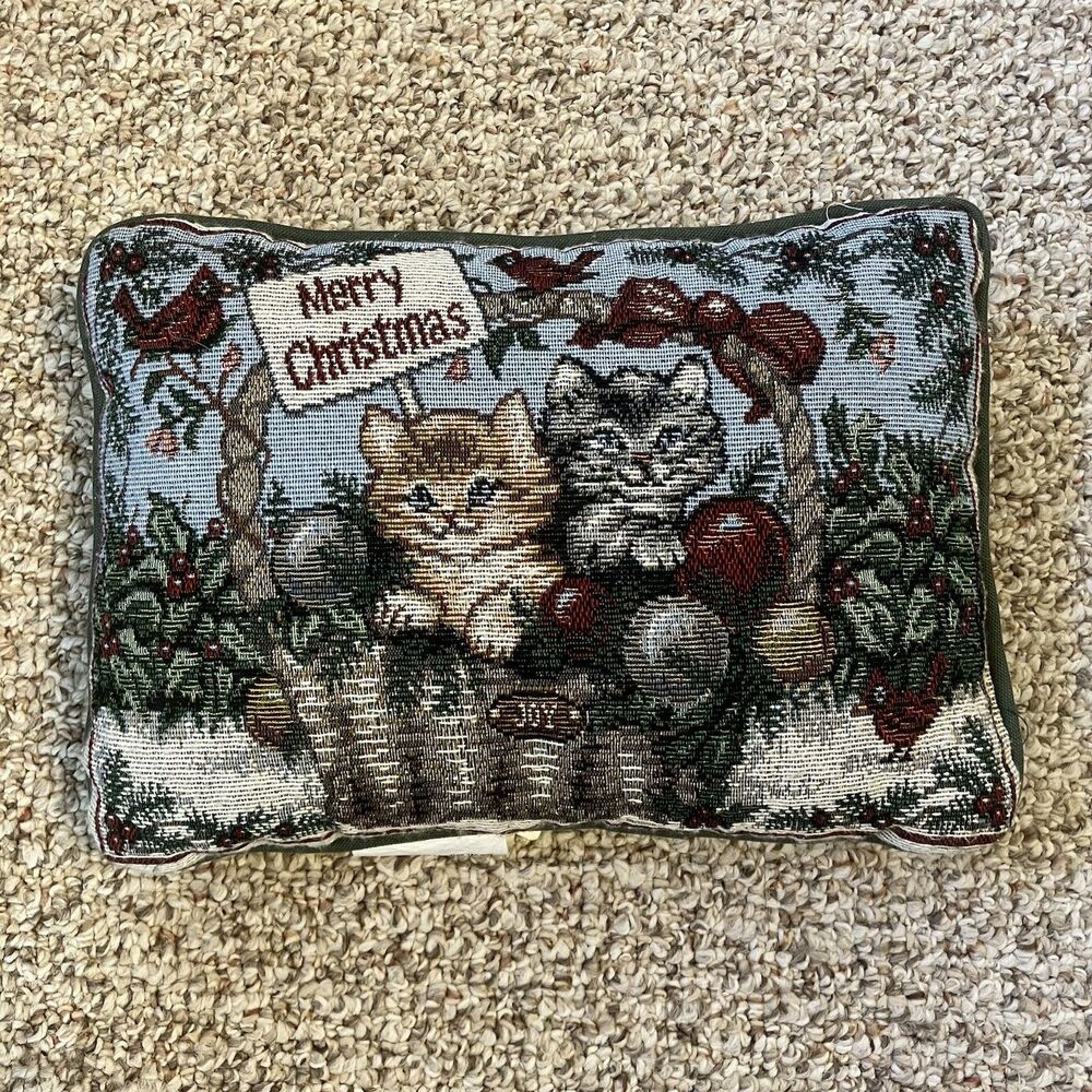 Tapestry Christmas Cat Pillow Small Holiday Decor Kitten Merry Red Green Basket